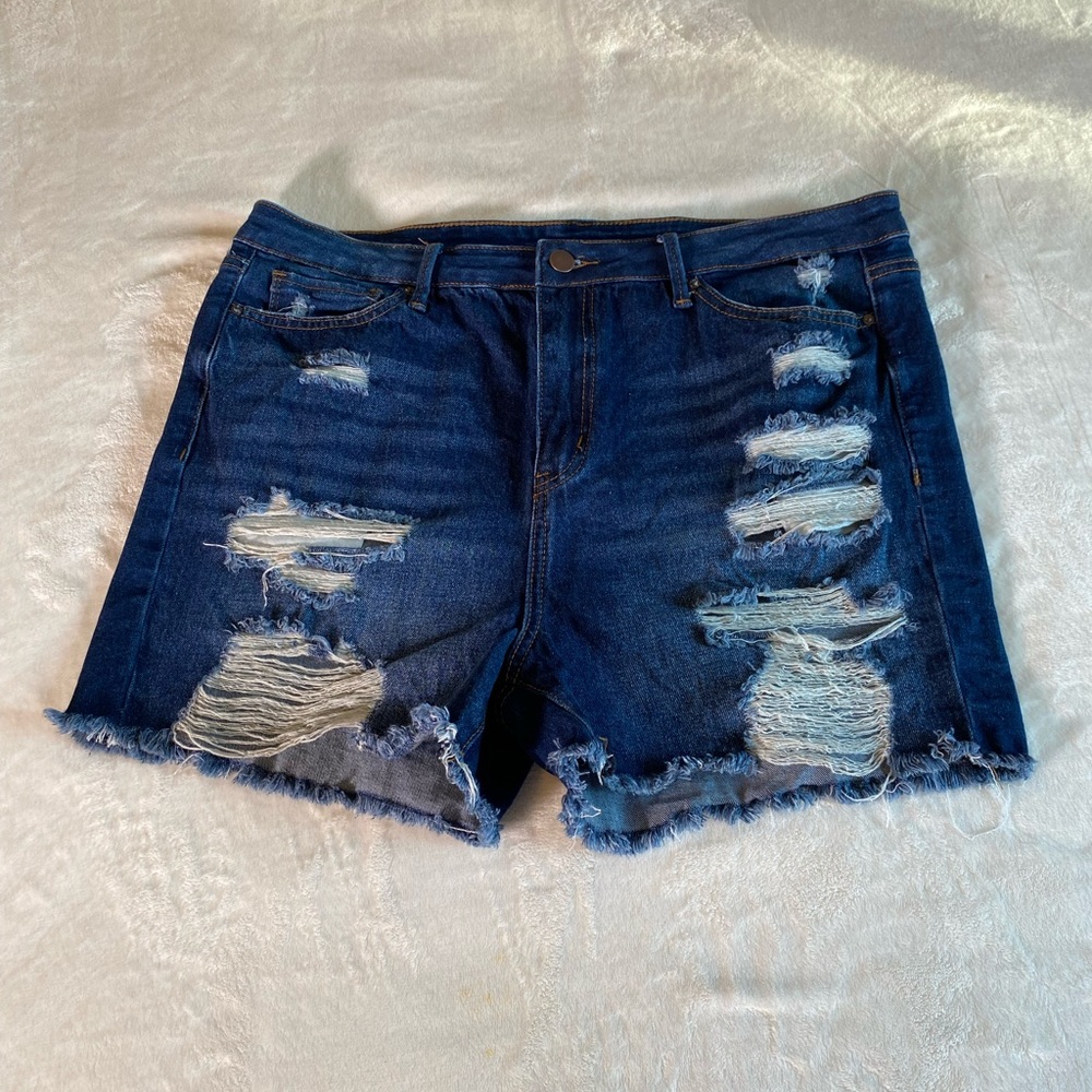 Dark Blue Wash Frayed Cut Off Denim Shorts